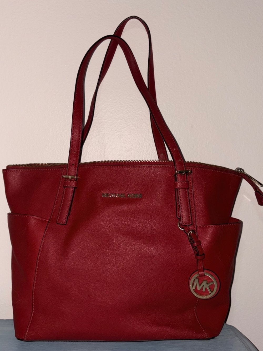 Michael Kors Charlotte Saffiano Leather Top Zip Tote Red NWOT